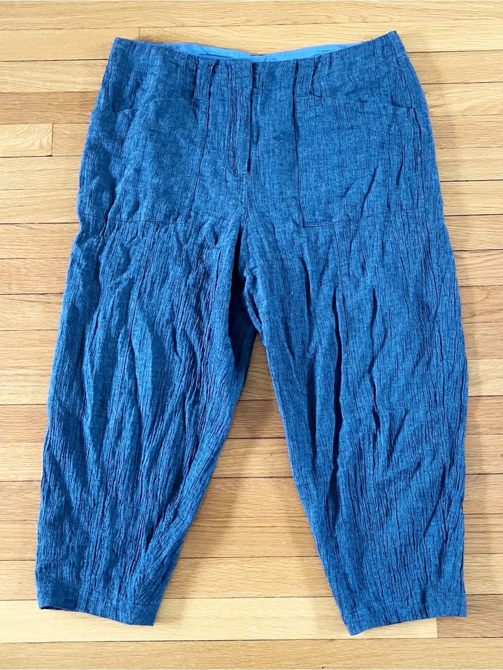 Poetry Blue Linen Cotton Lightweight Lagenlook Summer Barrel Crop Pants 14